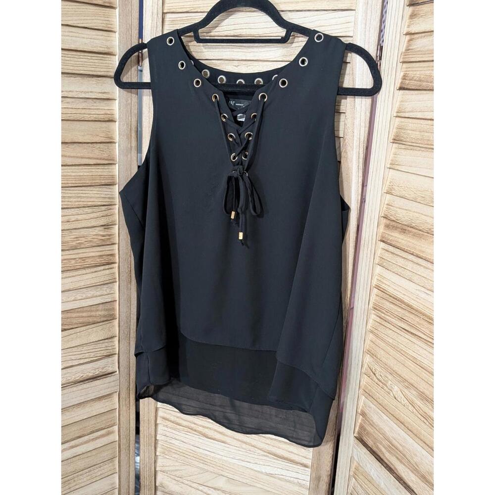 INC International Concepts Womens‎ Black Lace-Up Double-Layer Blouse Top 12